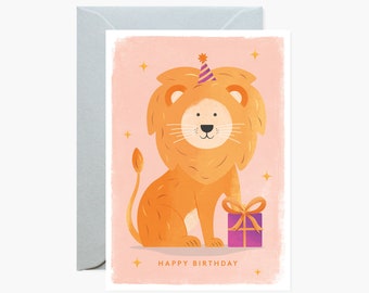 Happy Birthday Lion with Present Greeting Card