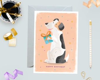Birthday Dog with Present Greeting Card