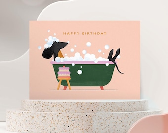 Birthday Dachshund Dog in Bath Greeting Card