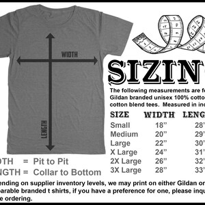 May include: A heather gray t-shirt with sizing information. The image includes a measuring tape and text that reads "SIZING". Measurements are provided in inches for various sizes, including width and length.