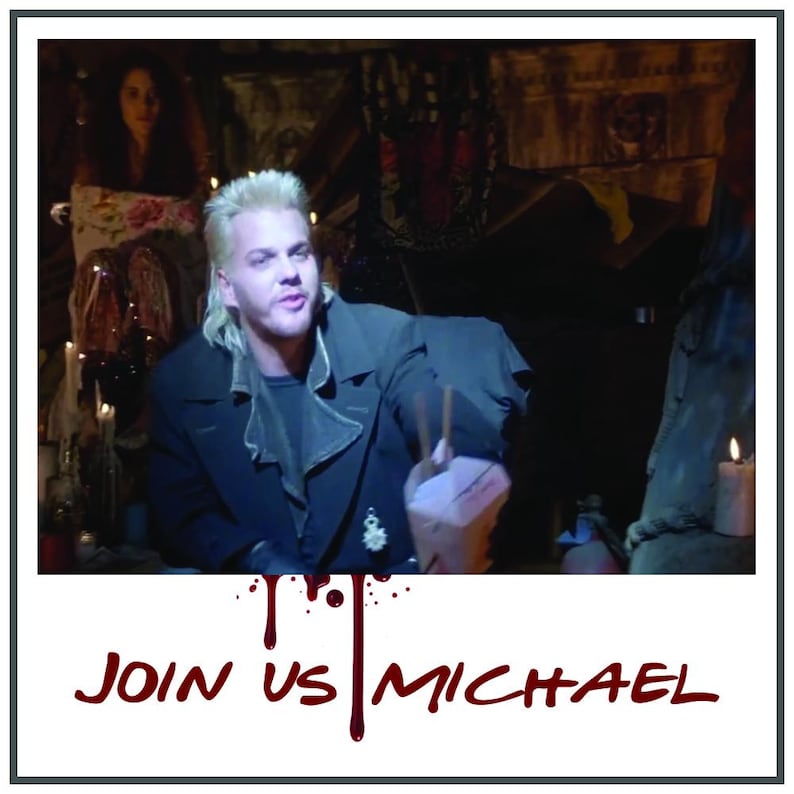 May include: A still from a movie featuring a man with blonde hair wearing a black coat, holding a takeout container. The text "JOIN US MICHAEL" is written in red, dripping font at the bottom of the image.