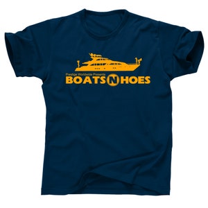 Step Brothers Boats N and Hoes Will Ferrell Brennan Huff John C Reilly Dale Doback Prestige Worldwide Anchorman 2 Ricky Bobby tee T Shirt Hoe Navy