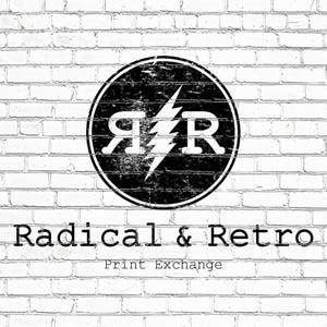 May include: A black and white logo on a white brick wall. The logo is a black circle with the letters "RR" and a lightning bolt. Below the logo are the words "Radical & Retro" and "Print Exchange".