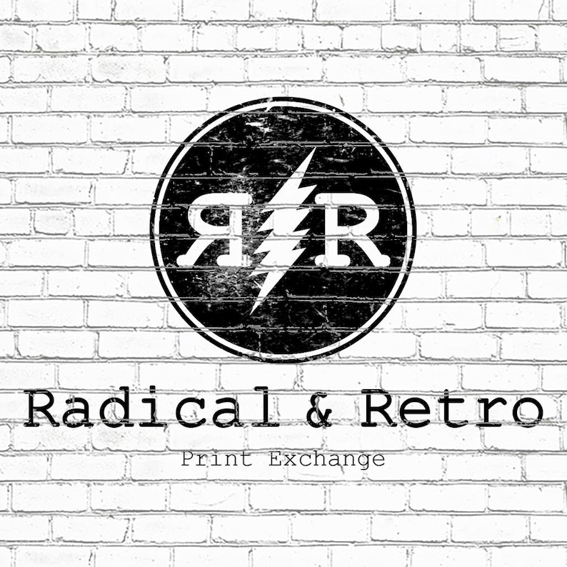 May include: A black and white logo on a white brick wall. The logo is a black circle with the letters "RR" and a lightning bolt. Below the logo are the words "Radical & Retro" and "Print Exchange".