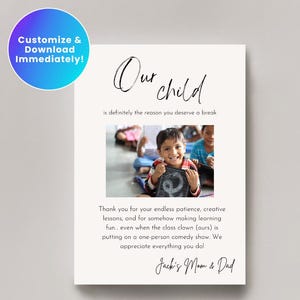 Carte de remerciement de dernière minute pour enseignant, carte de remerciement modifiable, cadeau photo personnalisé, cadeau imprimable pour enseignant, téléchargement numérique, modèle DIY