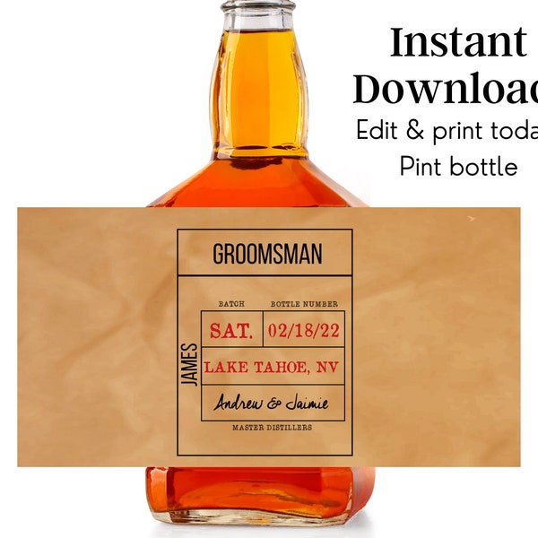 Wedding party groomsmen whiskey bottle labels / brown personalized liquor bottle invitation / custom best man invite / bourbon labels