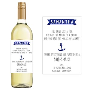 Funny Nautical Bridesmaid Wine Label: Pirate Wedding Invitation