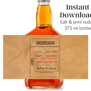 Wedding party groomsmen whiskey bottle labels / brown personalized liquor bottle invitation / custom best man invite / bourbon labels