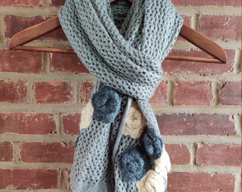 Crochet Scarf with embroidered flower Grey Color