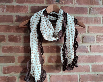 Hand Knitted Crochet Ruffles & Chiffon Scarf with Dot Pattern Brown Color