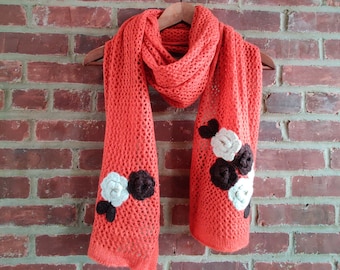 Crochet Scarf with embroidered flowers Bright Orange Color