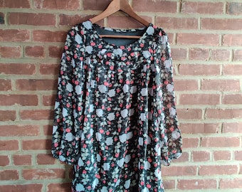Chiffon Roses Dress or Long Tunic with Lace Hem One Size Black Color