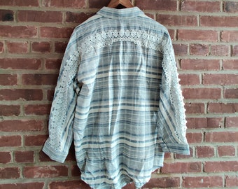 Loose Style Grey Stripes Crochet Lace Rim Cotton Linen Shirt One Size