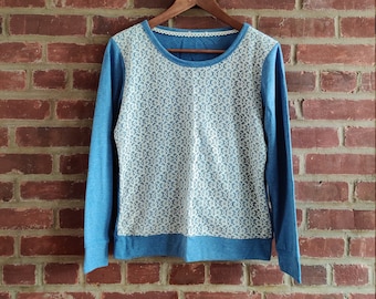 Long Sleeve Flower Lace Front  Sweatshirt  Blouse Top  One Size Blue Color