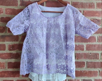 Organza Lace  Peplum Blouse with Embroidered Flowers One Size Light Purple Color