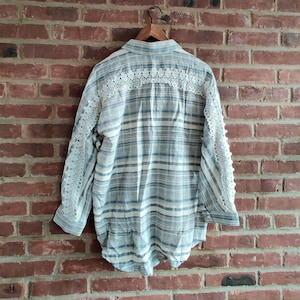 Loose Style Grey Stripes Crochet Lace Rim Cotton Linen Shirt One Size