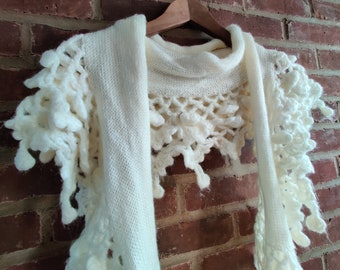 Hand Knitted Crochet Ruffles & Mohair Scarf Pure White Color