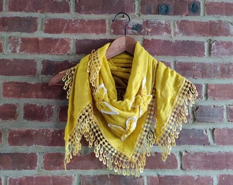 Triangle Crochet  Lace Scarves with decorated Flowers and crochet tassels Mustard Yellow Color