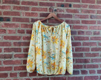 Floral Chiffon Blouse Loose Style One Size Light Yellow Color