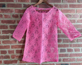 Organza Lace Tunic with Embroidered Flowers One Size Plum Red Color