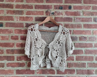 Handmade Crochet Lace  Shawl Poncho One Size Light Brown Color with Crystal Gems Decorated