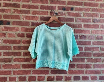 Crochet Lace Poncho Blouse Top with  Lace Rim  One Size Fresh Mint Green Color