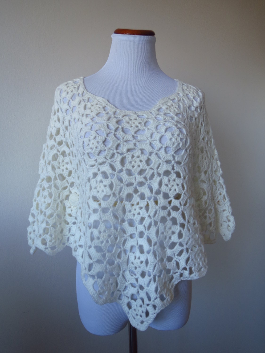 Handmade Crochet Lace Shawl Poncho Cape Blouse Free Size White | Etsy