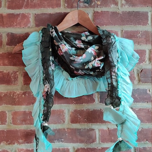 Black Floral Pattern Triangle Scarves with Silver Bell Tassels Green Chiffon Ruffles