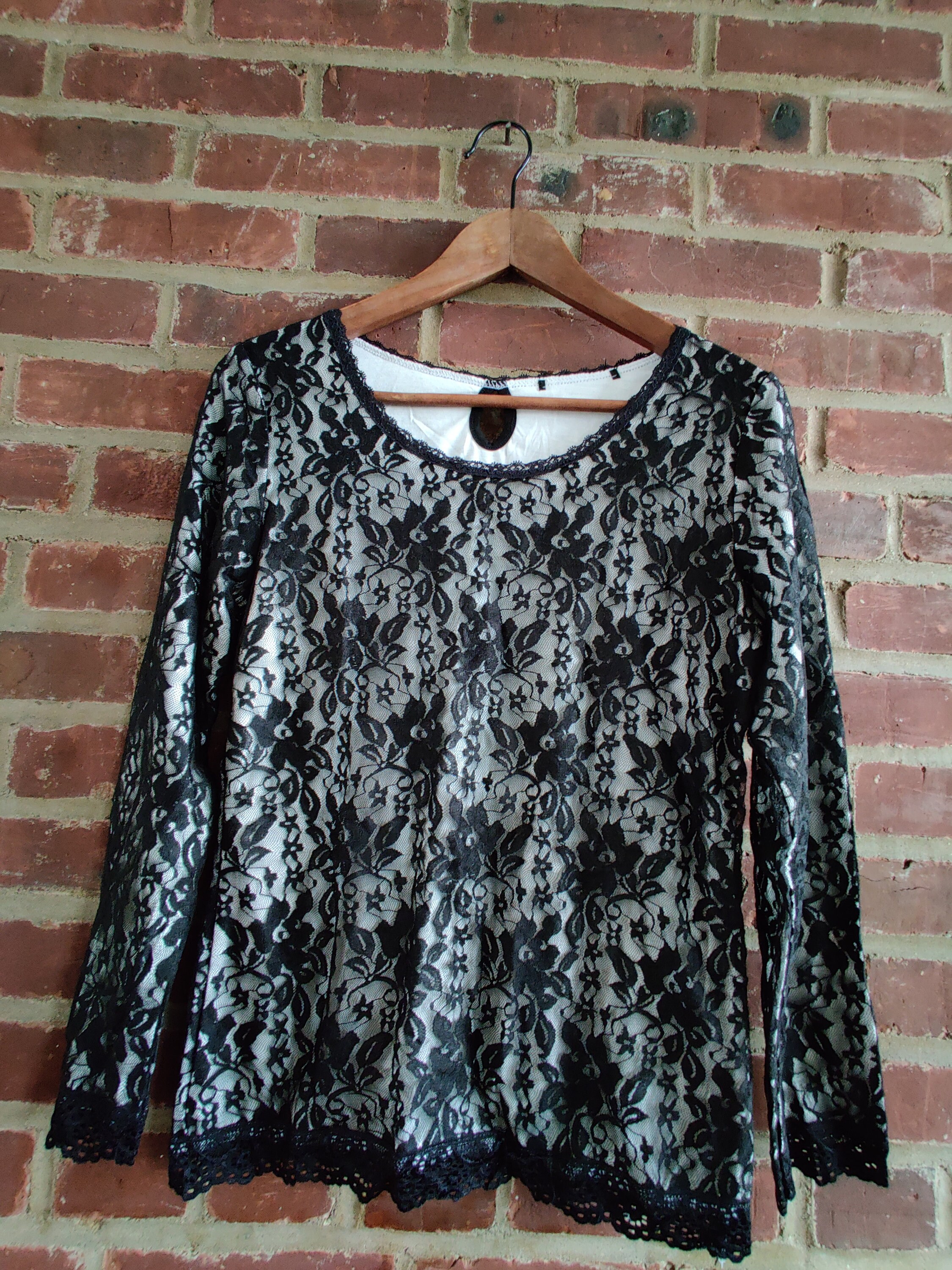 国産品 Long Sleeve Black Flower Lace Tee Blouse Top One Size Black トップス