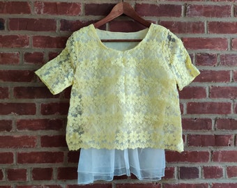 Organza Lace  Peplum Blouse with Embroidered Flowers One Size Yellow Color