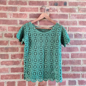 Chic Floral Crochet Lace Blouse One Size Dark Green Color