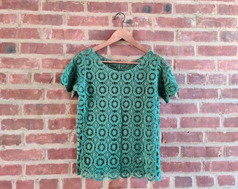 Chic Floral Crochet Lace Blouse One Size Dark Green Color