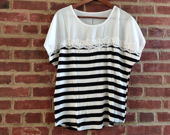 Mixed Media Black & White Stripes Basic Lace Tee Blouse