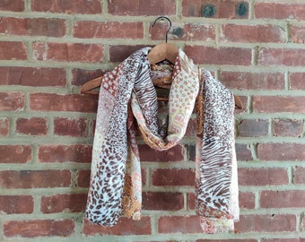 Long Multi Floral Pattern Viscose Scarf Light Brown