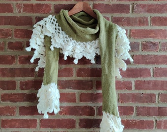 Hand Knitted Crochet Ruffles & Mohair Scarf Green Color