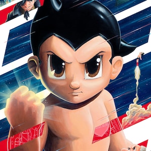 May include: A stylized illustration of Astro Boy, a powerful robot boy with a determined expression, in a dynamic pose with his fist clenched. The background features a futuristic cityscape and a red and blue striped pattern.