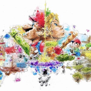 May include: A watercolor illustration of various video game characters, including Mario, Link, and Ness. The characters are depicted in a colorful and whimsical style, with a variety of backgrounds and objects surrounding them.