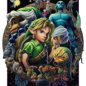 May include: A colorful illustration of characters from the Legend of Zelda: Majora's Mask video game. The image features Link, the main character, standing in front of a large clock tower. Other characters from the game, including Skull Kid, the main antagonist, and various creatures, are scattered throughout the image. The image is set against a dark, starry sky with fireworks exploding in the background.