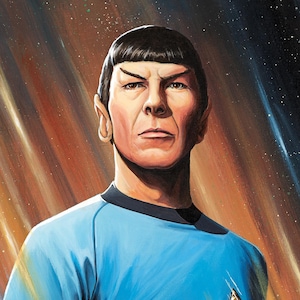 May include: Portrait of a man with pointed ears, a black bowl cut, and a blue uniform. The background features streaks of orange, yellow, and white, with a starry sky. The man has a serious expression.