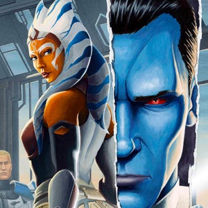 May include: A close-up of a blue-skinned character with red eyes, looking intensely at the viewer. The character's face is partially obscured by a torn piece of paper, revealing a woman with blue and white striped headwear and brown skin.
