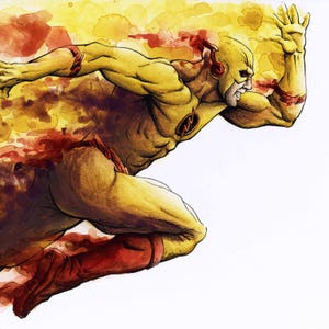 May include: A yellow and red illustration of The Flash running with a yellow lightning bolt on his chest. The background is a watercolor wash of yellow and red.