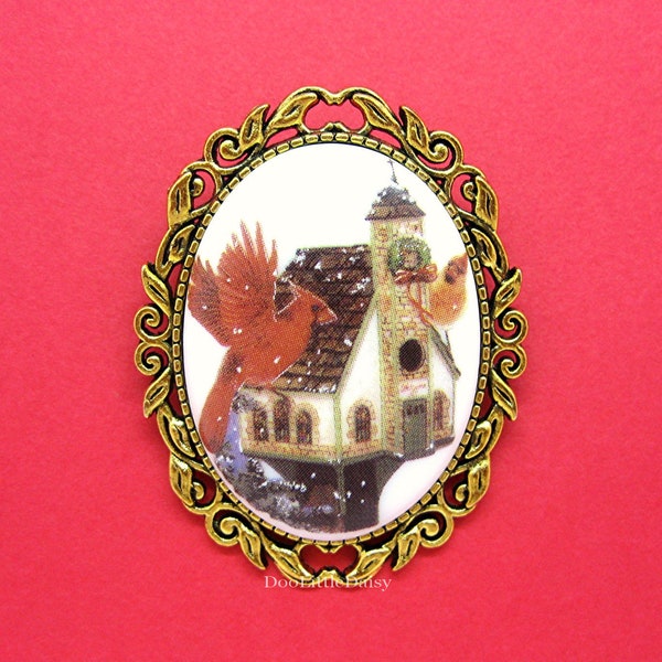 Porcelain CARDINAL Cardinals Red Bird Redbirds at Church Birdhouse Cameo Costume Jewelry Goldtone Pin Brooch Pendant Birthday Christmas Gift