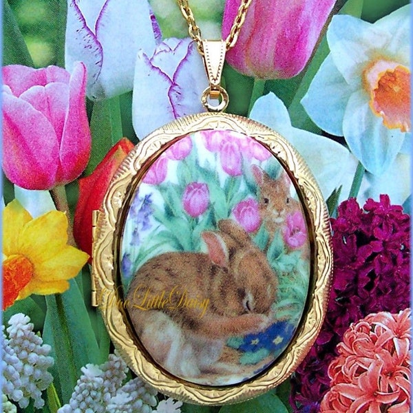 Porcelain Praying BUNNY RABBITS & Tulips Cameo Costume Jewelry Silver or Gold tone Locket Pendant Necklace Cameo and 24 Inch Chain Gift