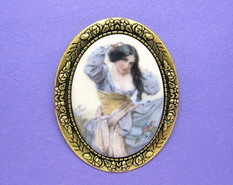 Porcelain Beautiful Brunette Lady with Long Black Hair Cameo on an Antiqued Goldtone Pin/Brooch for Christmas or Birthday Gift