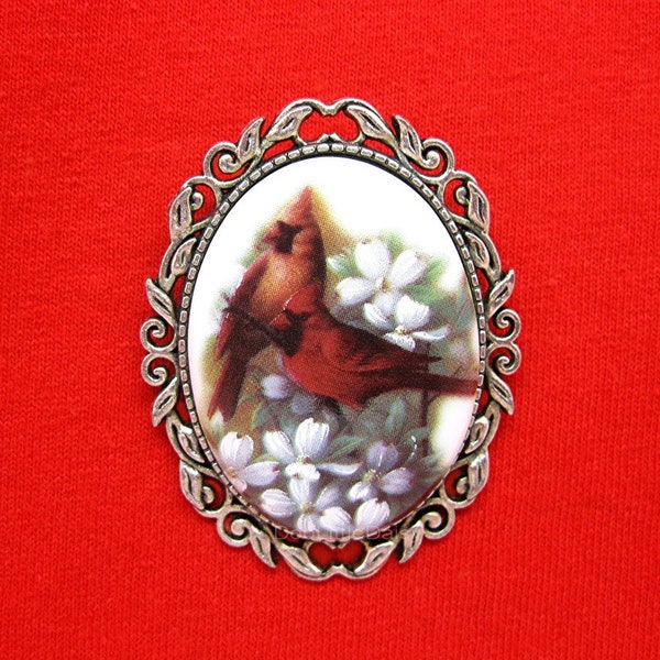 Porcelain CARDINAL COUPLE and Dogwoods Cardinals Red Bird Redbird Cameo Costume Jewelry Goldtone Pin Brooch Pendant Birthday Christmas Gift