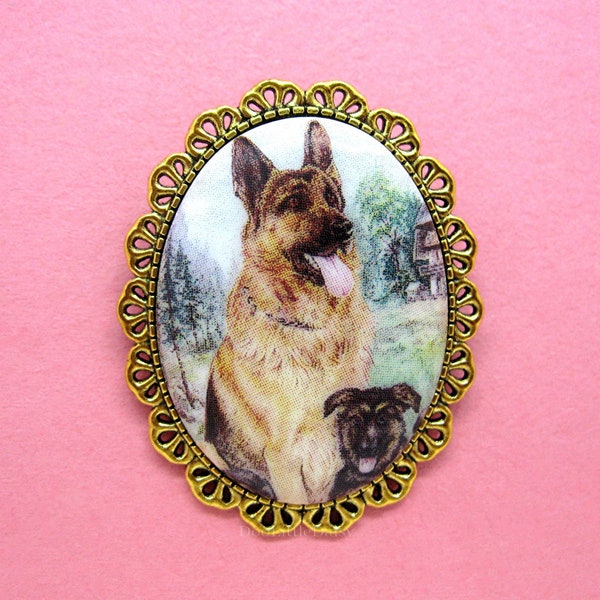 Dogs Pretty Porcelain Canine Pets Mom German Shepherd Dog and Puppy Cameo Costume Jewelry Goldtone Pin Brooch for Birthday or Christmas Gift