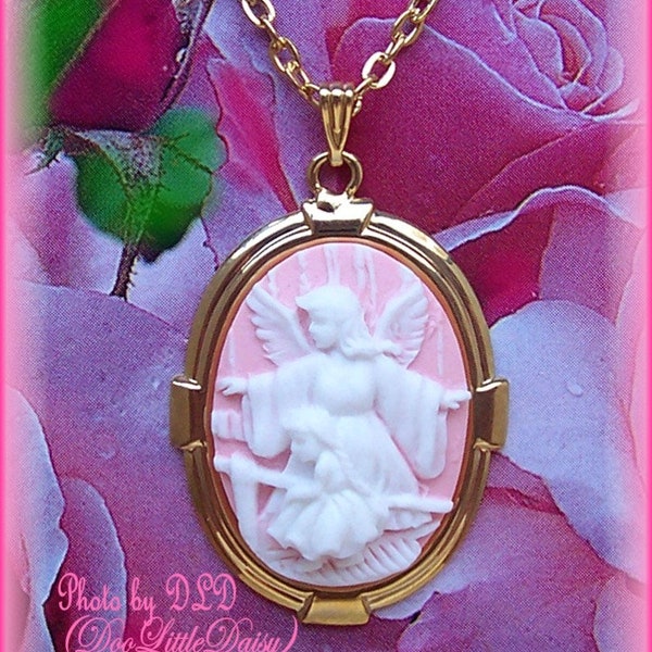 Lovely Christian Guardian Angel with Child at Bridge Religious Cameo Costume Jewelry Goldtone Pendant Necklace & 18 inch Chain, Choose Color