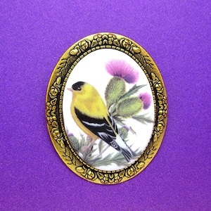 Lovely Porcelain GOLDFINCH Bird and Thistle Cameo Costume Jewelry Goldtone Pin Brooch for Birthday or Christmas or Mothers Day gift