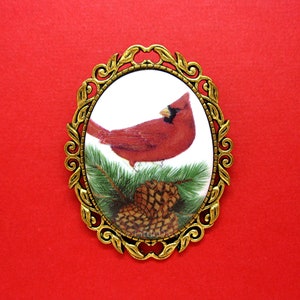Porcelain CARDINAL with Pinecone Branch Cardinals Red Bird Redbird Cameo Costume Jewelry Goldtone Pin Brooch Pendant Birthday Christmas Gift