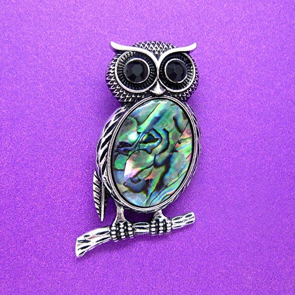 Antiqued Silvertone Paua Shell Abalone OWL BIRD Pin Brooch Pendant Costume Jewelry Costume Jewelry for Birthday or Christmas Gift